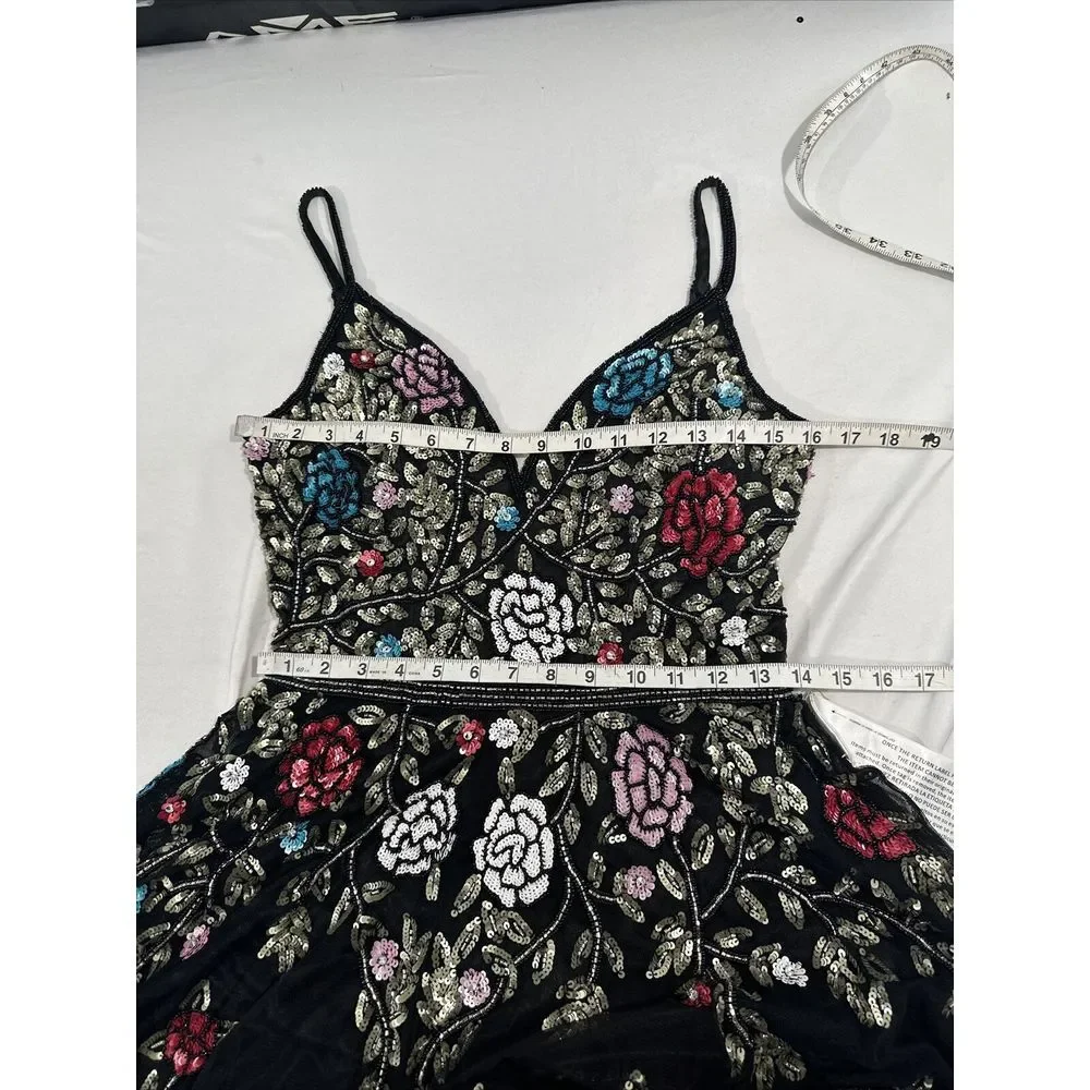 NWT $698 Mac Duggal [ 8 ] V Neck‎ Embellished Floral Sequined Gown Black #G1635 - Picture 7 of 15